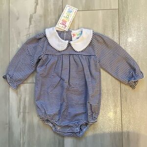 NWT JellyBean Navy Blue & White Striped Collared Lottie Bubble Romper girls 12M